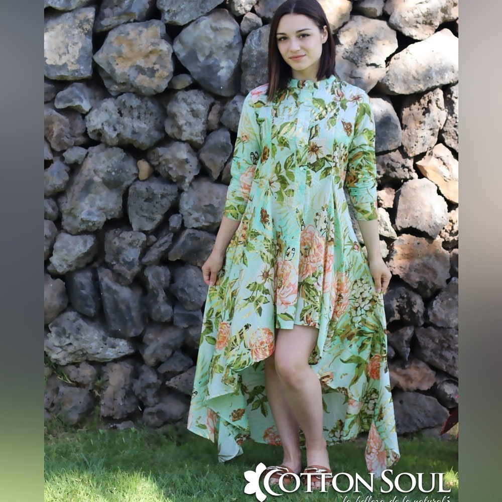 COTTON SOUL Mint green floral high/low long sleeve shirt dress size XL.